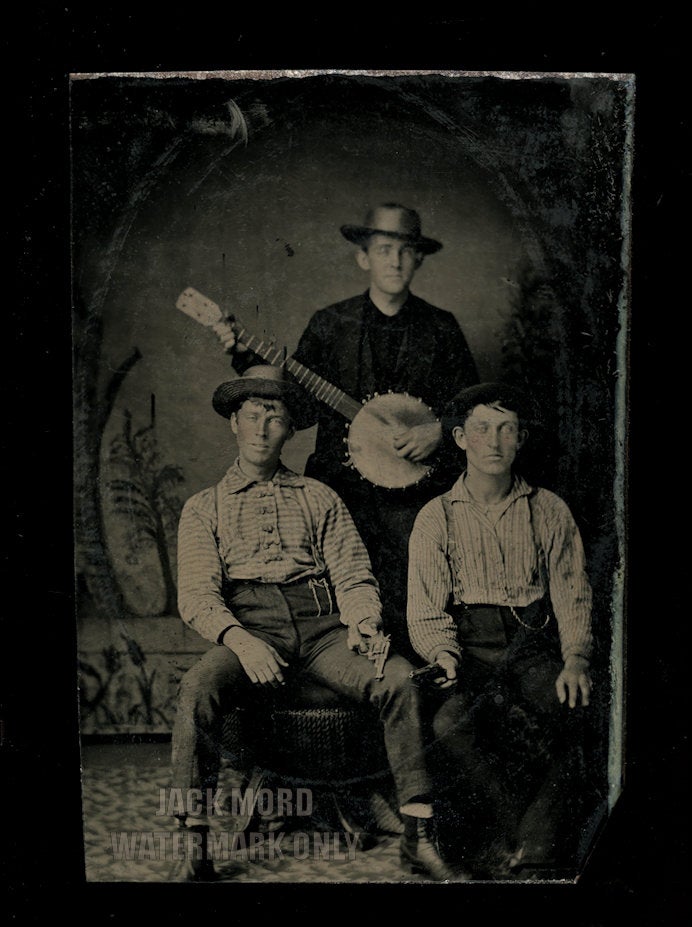 Antique Banjo Tintype - One Man Playing, Two Holding Pistols - Unusual and Rare