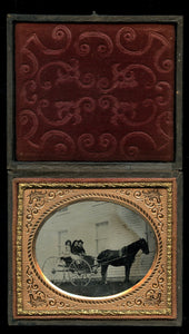 1860s 1/6 Ambrotype Photo - Outdoor Scene of Girls in a Horse and Buggy or Sulky