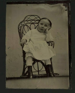 Funny Tintype of Very Bored or Unimpressed Girl in Wicker Chair 1800s Photo