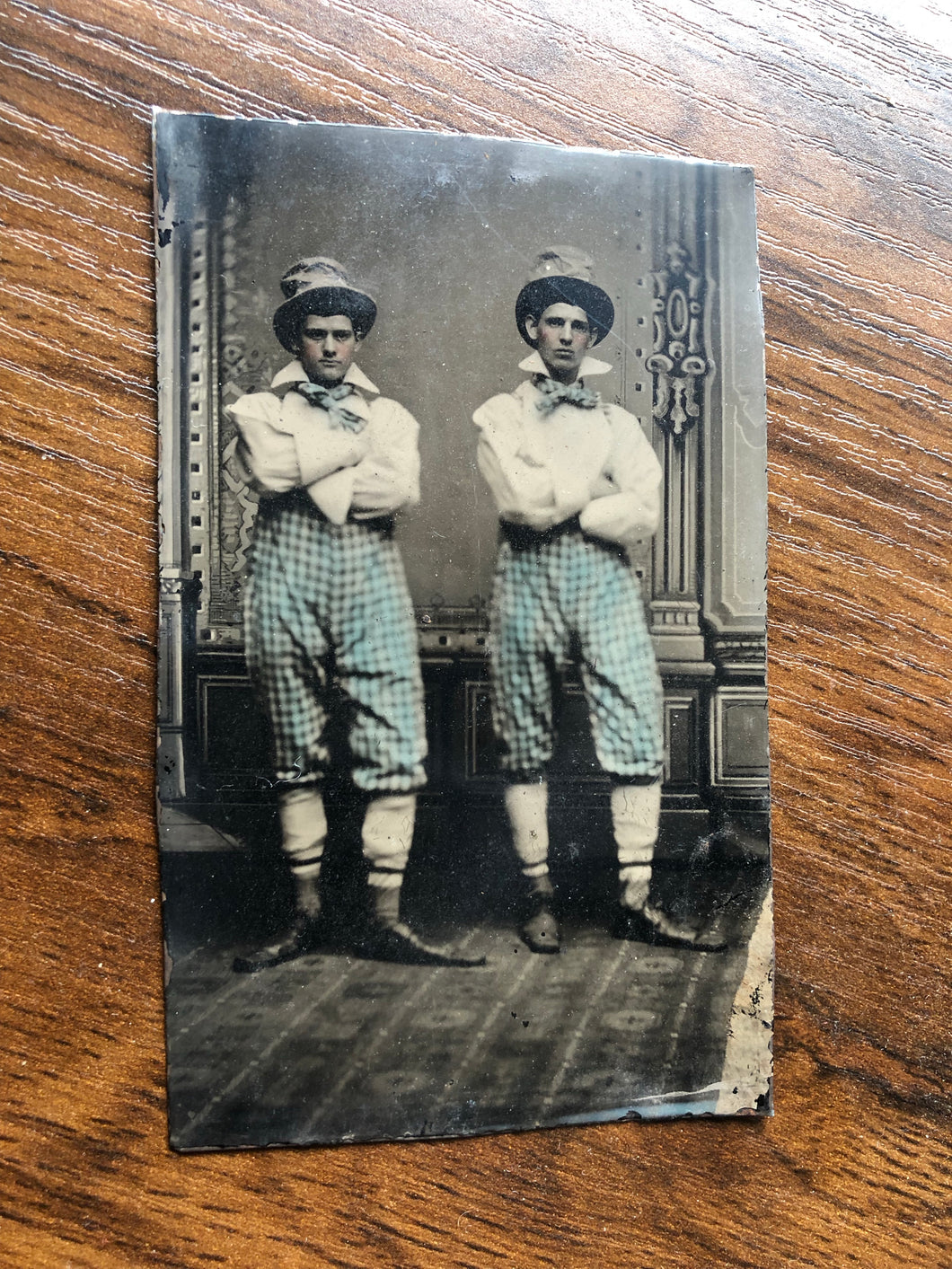 Great 1870s 1880s TIntype Photo Two Men Tinted Costume Clowns or Performers