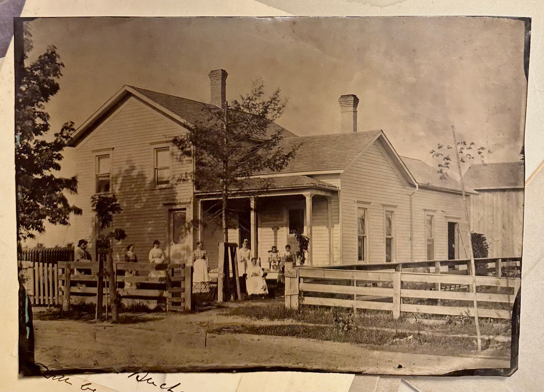 Full Plate Tintype Victorian House with Family in Front Yard 1870s