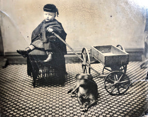 Large Full Plate Tintype Little Boy, Toy Wagon & Dog