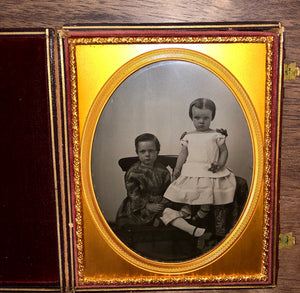 Half Plate Ambrotype of Children, Siblings - Girl Holding Keys 1850s Photo