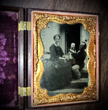 Load image into Gallery viewer, 1/4 Ambrotype in Union Case Family on Porch of House with Dog / 1850s Photo
