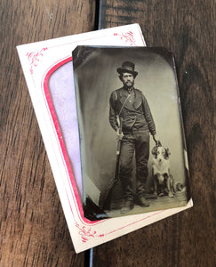 Excellent Armed Hunter with Hunting Dog & Shotgun, 1870s Tintype Photo