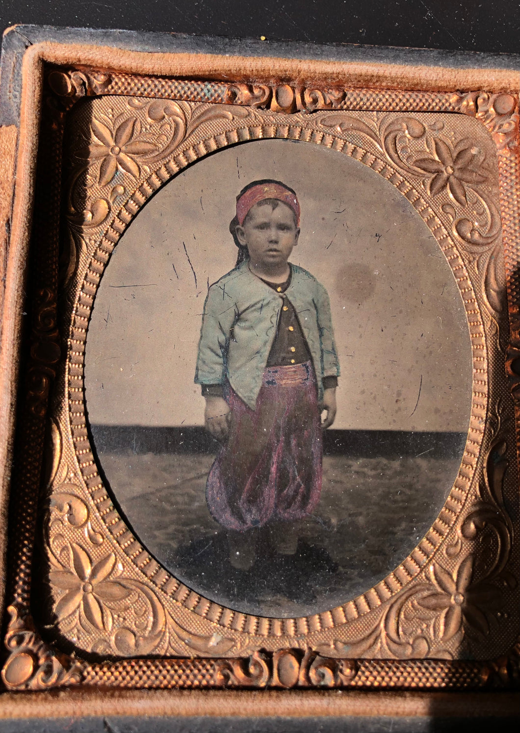 X Great Tintype Little Boy Dressed As Civil War Zouave Soldier 1860s, Tinted