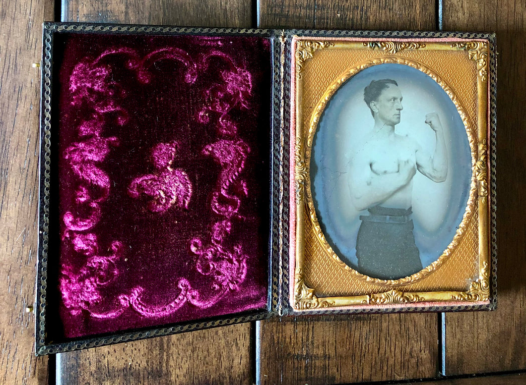 Rare 1/4 Boxing Ambrotype, Shirtless Bare Knuckle Boxer, Early-1860s