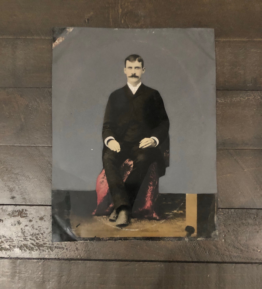 Full Plate+ Painted Tintype, Handsome Man w Mustache
