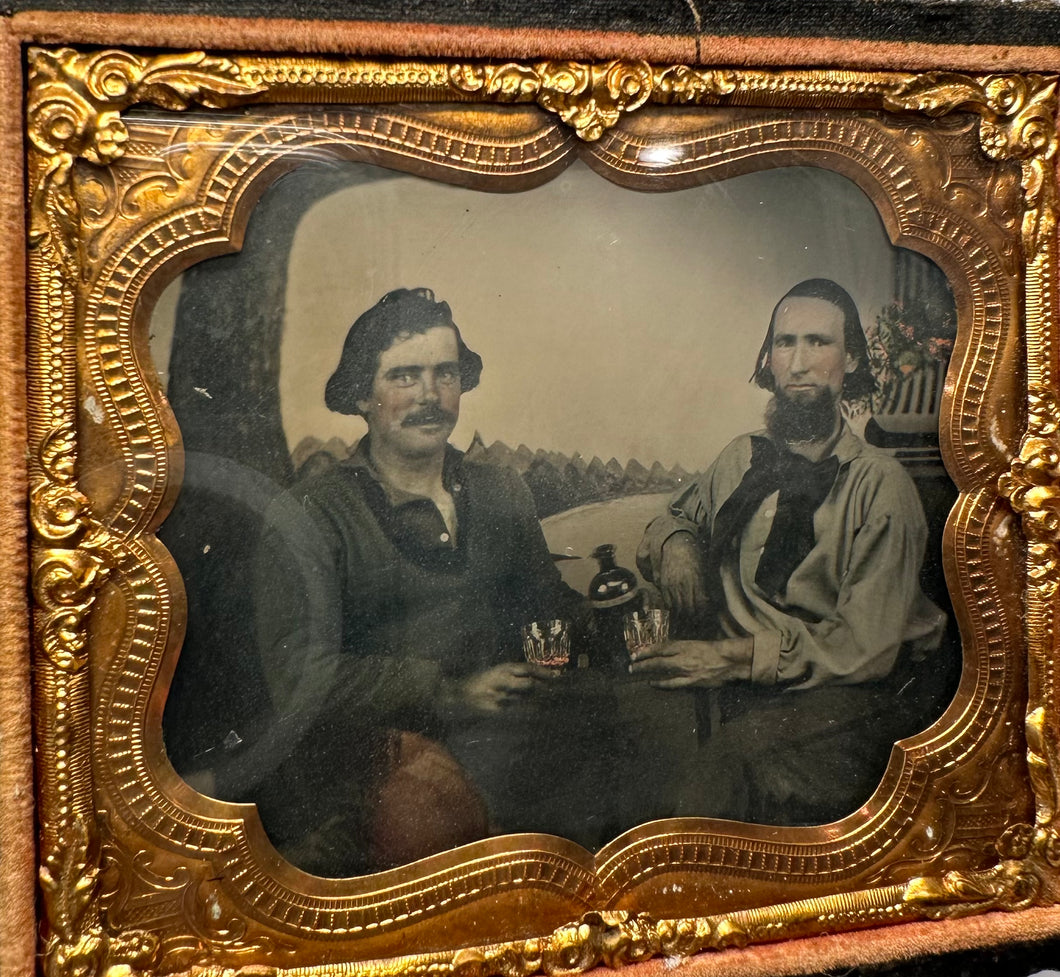 Interesting Ambrotype 2 Drinking Men Gold Miner or Civil War Sailor? 1860s Beer