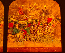 Load image into Gallery viewer, Amazing 1860s Tissue Stereoview Photo ~ Devil Leading Skeleton Army - On Bikes!
