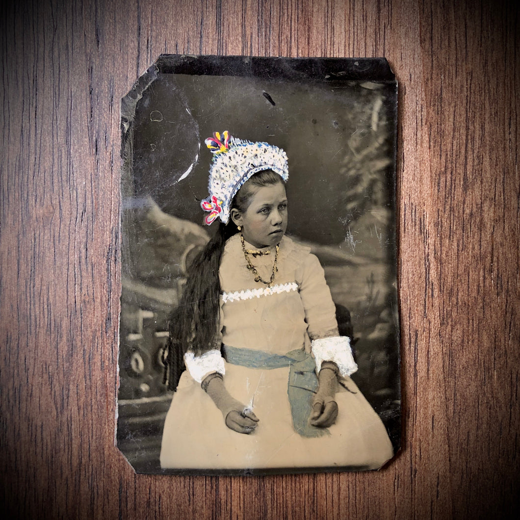 Wonderful Tintype Girl with Hand Painted Hat & Accents - Folk Art Style