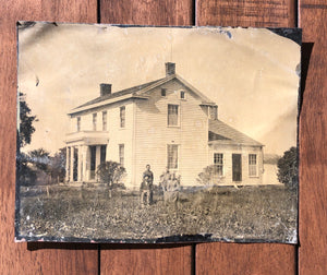 Large Full Plate Outdoor Tintype People in Front of their House, Lightning Rod