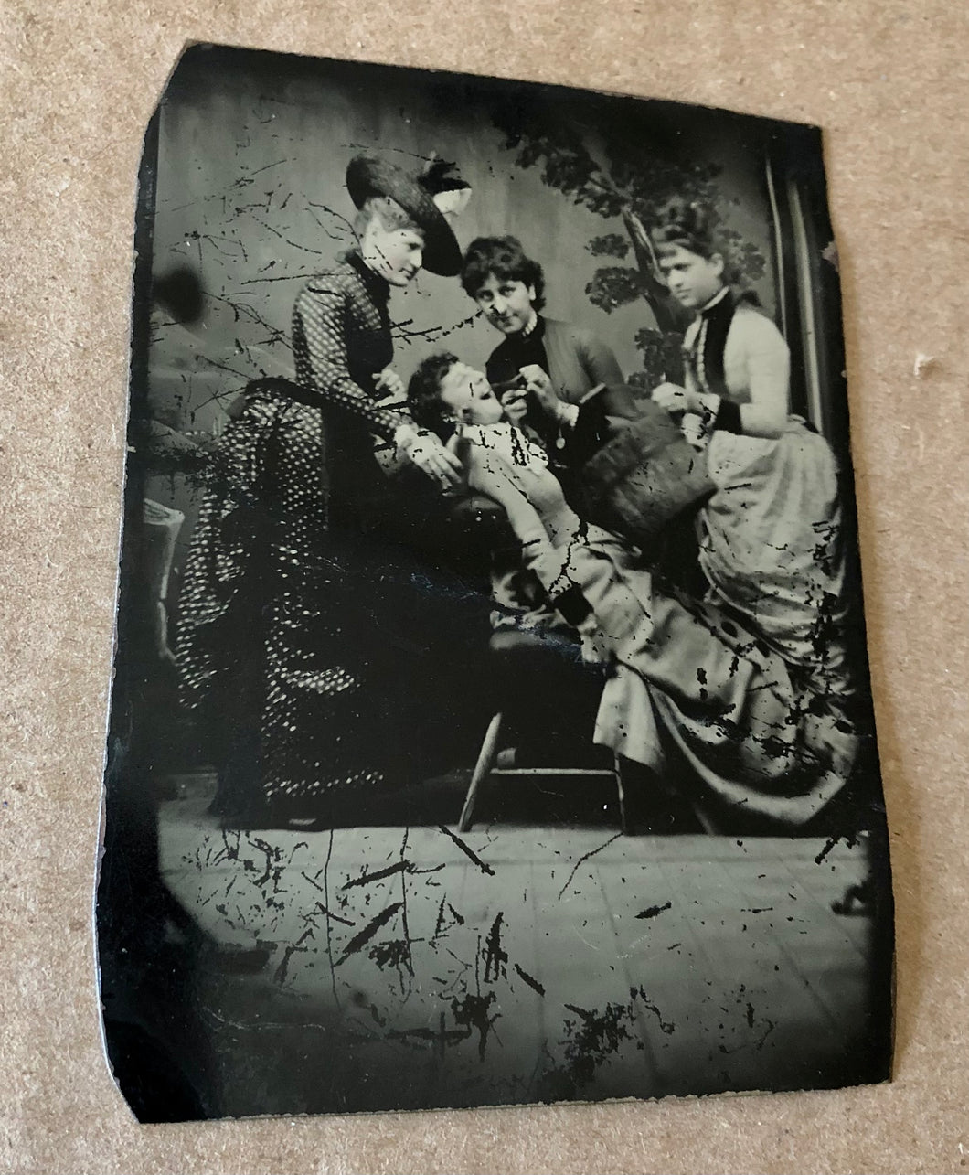 Antique Tintype Photo, Victorian Girls Playing Dentist