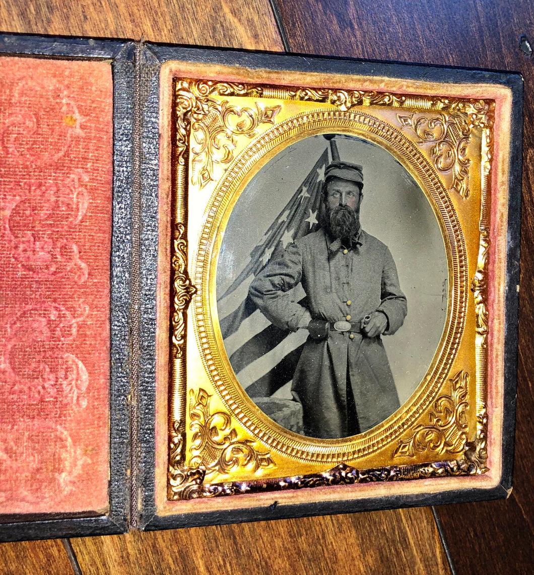 Bearded Civil War Soldier Standing in Front of American Flag! Armed, 1860s, 1/6 Tintype