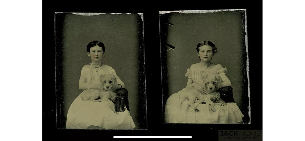 Pair of Wonderful Miniature Tintype Photos of Little Girls, Sisters Holding Dog