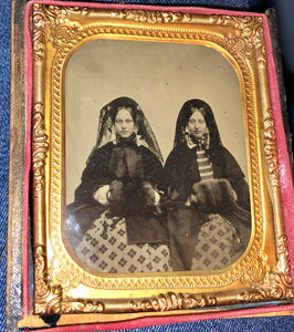 Two Women in Winter Dress, Muffs, Veils - 6th Plate Ambrotype