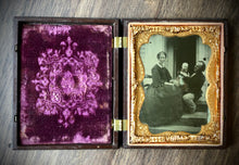 Load image into Gallery viewer, 1/4 Ambrotype in Union Case Family on Porch of House with Dog / 1850s Photo

