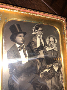 1/4 Group Daguerreotype by Howe of Portland Maine, Top Hat Man & Two Women