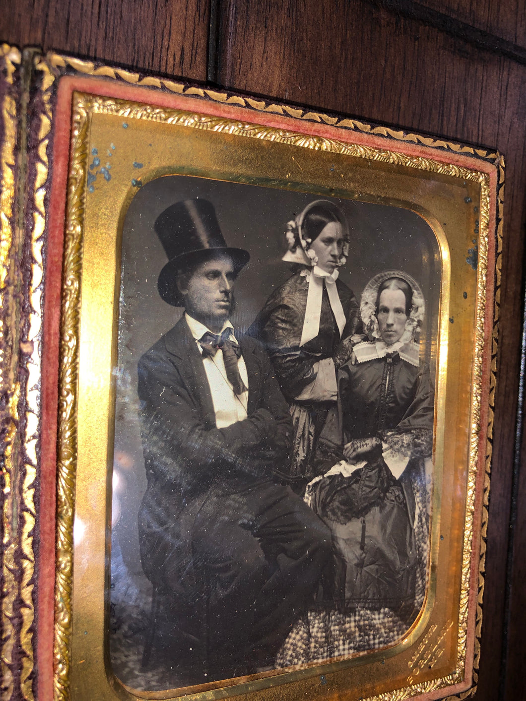 1/4 Group Daguerreotype by Howe of Portland Maine, Top Hat Man & Two Women