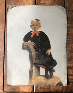 Full Plate Painted Tintype of a Little Boy Holding Hat, Folk Art