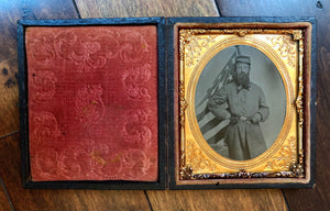 Bearded Civil War Soldier Standing in Front of American Flag! Armed, 1860s, 1/6 Tintype