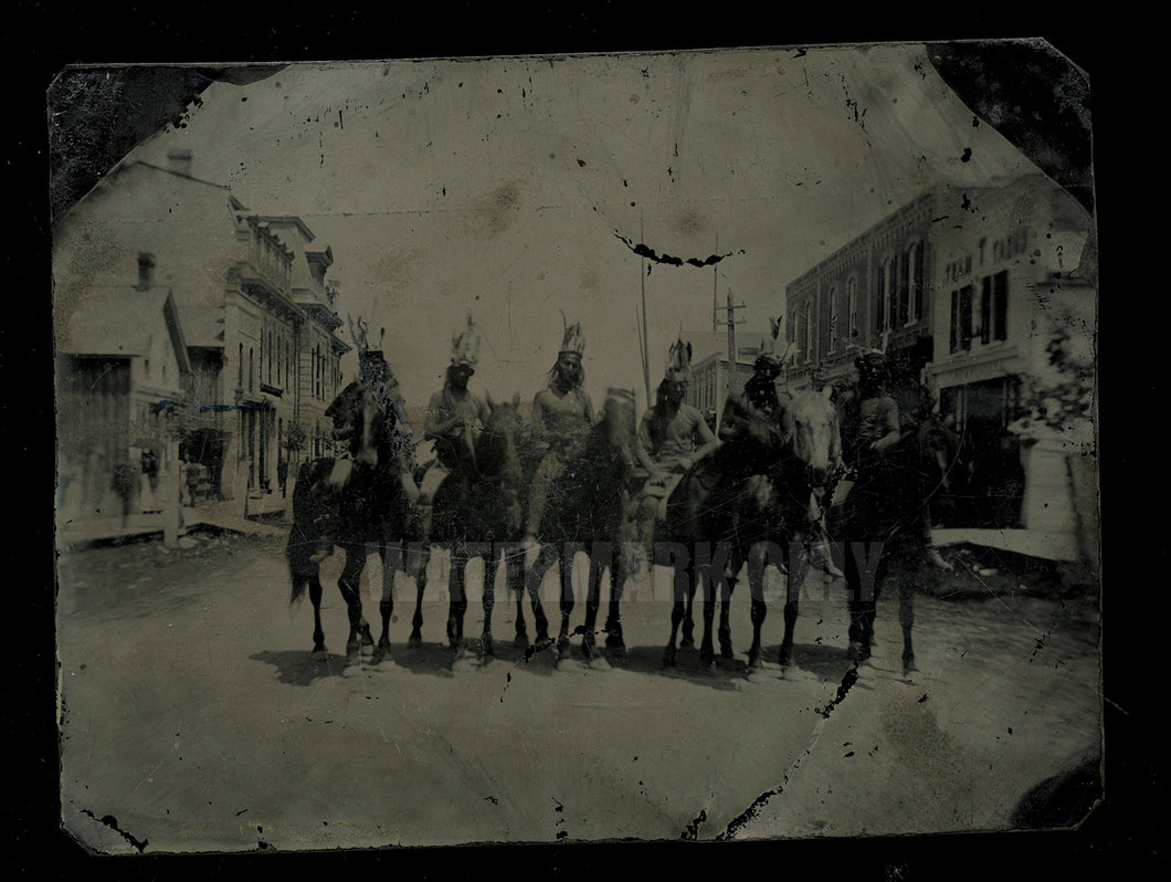 Rare Native Americans on Horseback Center of Town 1860s 1870s Tintype