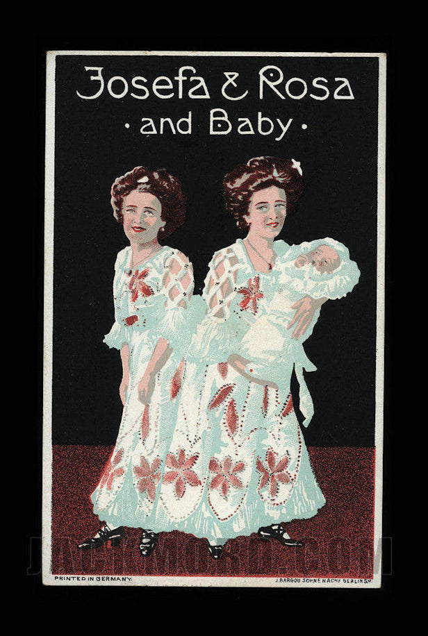 Color Postcard Photo of Conjoined Sisters with Baby