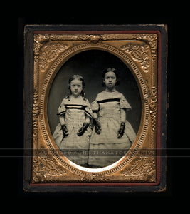 1/6 Ambrotype Young Girls, Sisters, Matching Dress, Long Hair Curls, Lace Gloves