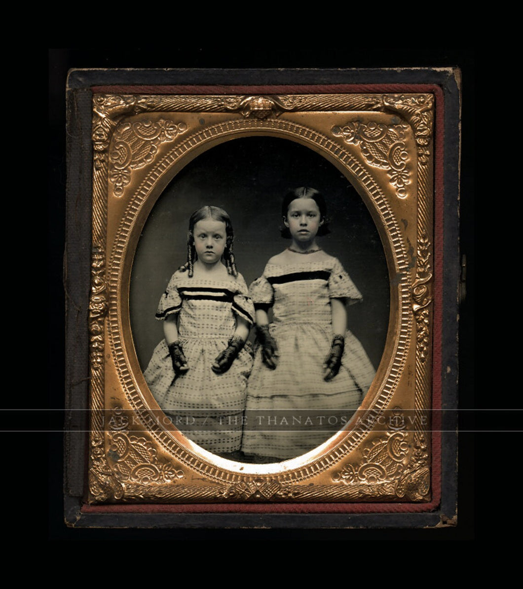 1/6 Ambrotype Young Girls, Sisters, Matching Dress, Long Hair Curls, Lace Gloves