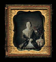 Load image into Gallery viewer, Beautiful Daguerreotype Pretty Woman Holding Fan, Crystal Vase, Tinted Flowers!
