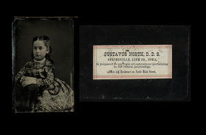 antique tintype cute girl dau of iowa dentist w his advertising sticker on back