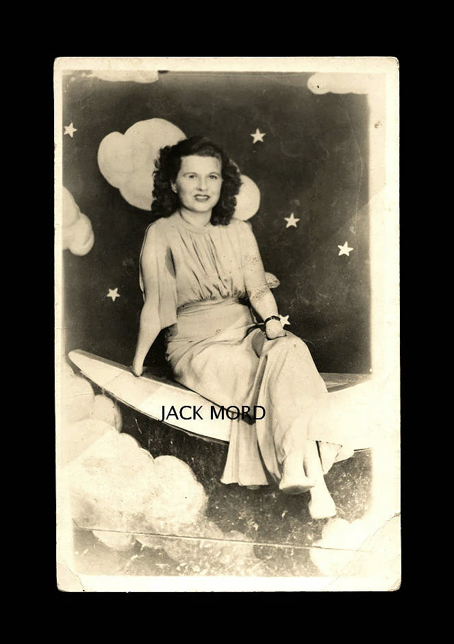 Rare Vintage RPPC Photo ID'd DISABLED WOMAN Sitting on Prop Paper Moon UNUSUAL!