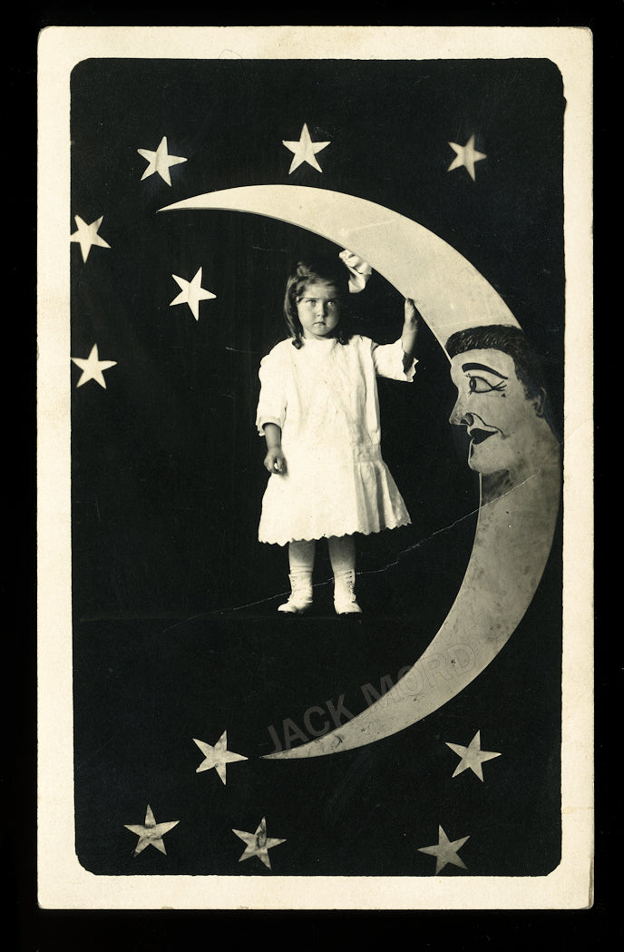 Antique RPPC Photo ID'd Little Girl Standing on Paper Moon 1910s