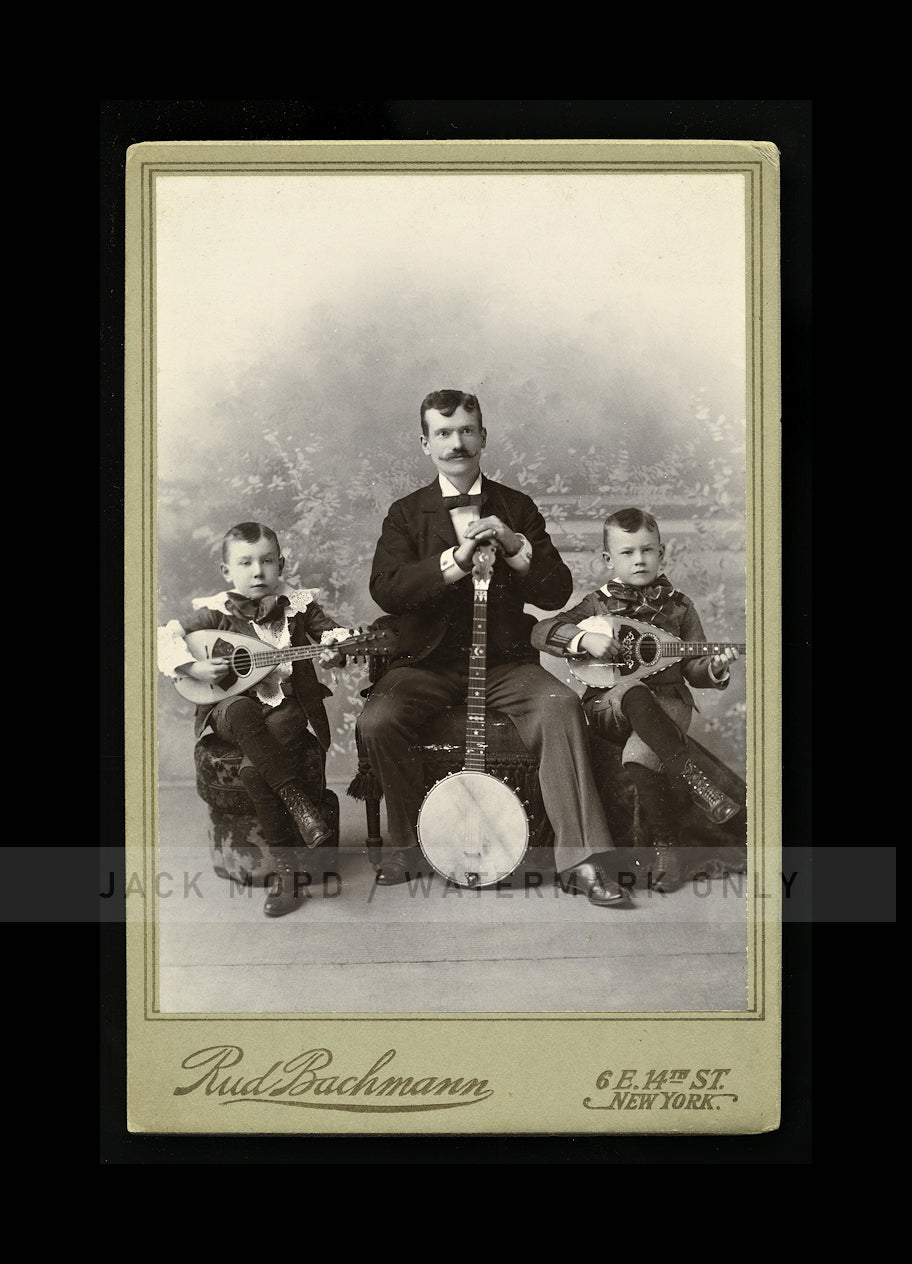 Antique Photo Father & Young Sons Musicians / Musical Group with Banjo & Guitars