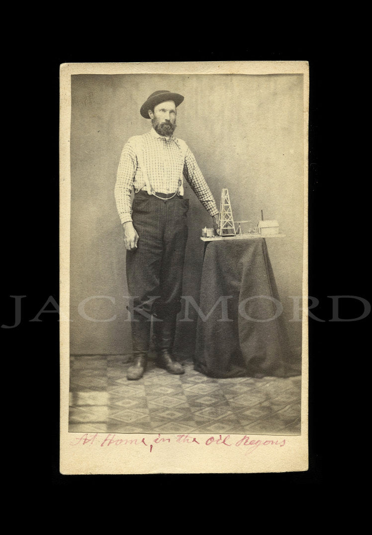 RARE 1860s CDV Photo ~ Oil Man with Miniature Mechanical? Oil Derrick Model