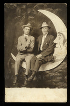 Load image into Gallery viewer, Antique RPPC Photo Two Men / Male Friends on Paper Prop Moon - Gay Int, 1910s
