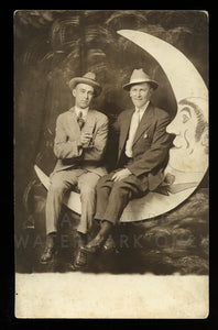 Antique RPPC Photo Two Men / Male Friends on Paper Prop Moon - Gay Int, 1910s