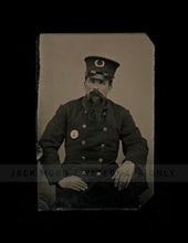Load image into Gallery viewer, Excellent Antique Tintype Photo Victorian Policeman Painted Gold Badge Insignia
