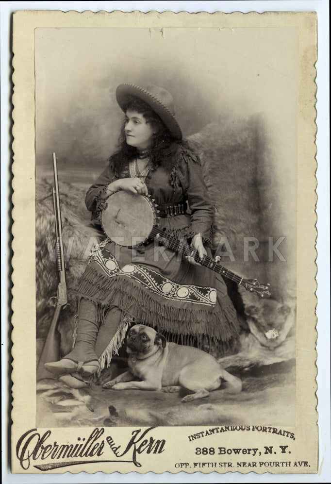 Wild West Banjo Playing Cowgirl PRAIRIE MAY with Shotgun & Dog Rare 1890s Photo