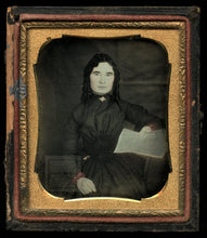 Load image into Gallery viewer, 1850s Daguerreotype Pretty Woman Tinted Red Cuffs Holding Newspaper Glen Falls
