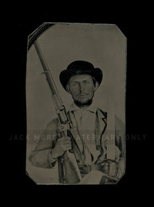 Confederate Civil War Soldier Tintype Armed w Bowie Knife & Colt Revolving Rifle