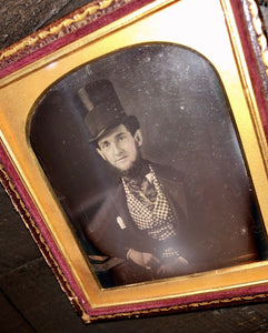 late 1840s daguerreotype handsome top hat man w/ books - author / writer type!
