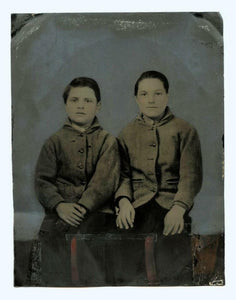 Full Plate + Painted Tintype ID'd Brothers in Military Cadet Uniforms / Folk Art