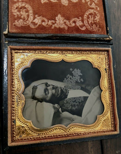 1850s Post Mortem Ambrotype Photo Man in His Burial Clothes, in Bed