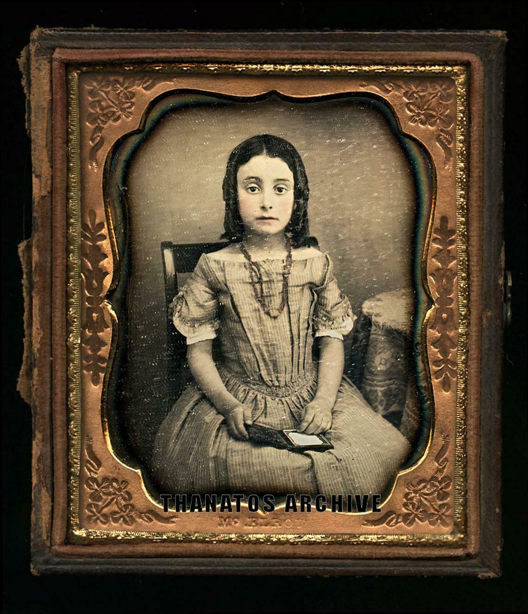 1/6 Daguerreotype Girl in Coral Necklace Holding Open Dag - Poss Mourning Photo