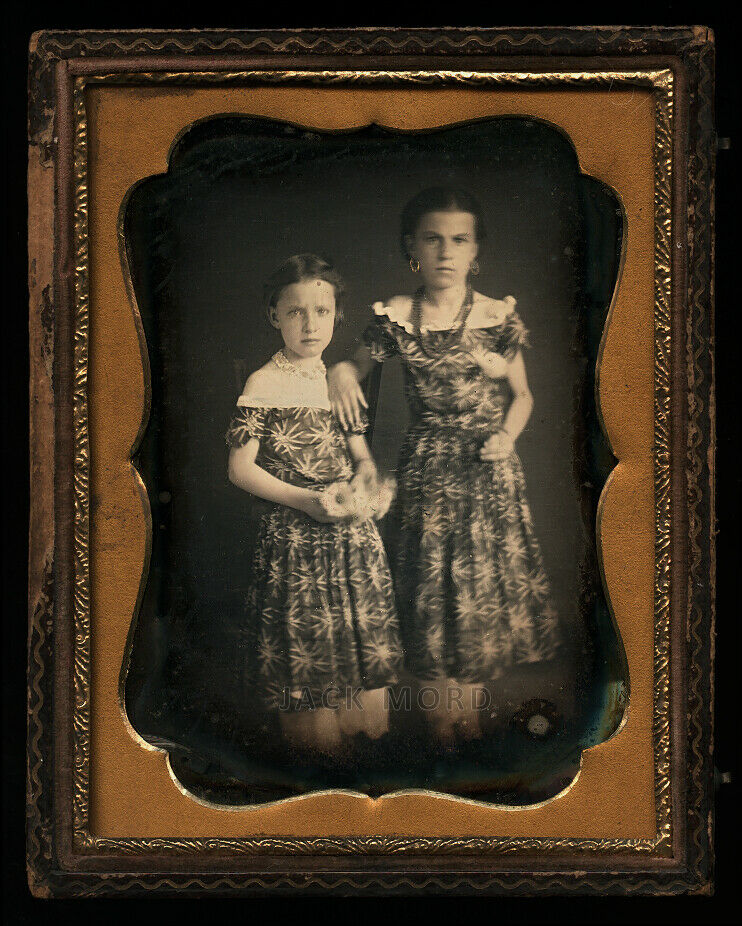 Daguerreotype of Little Girls / Sisters in Matching Dresses One Holding a Flower