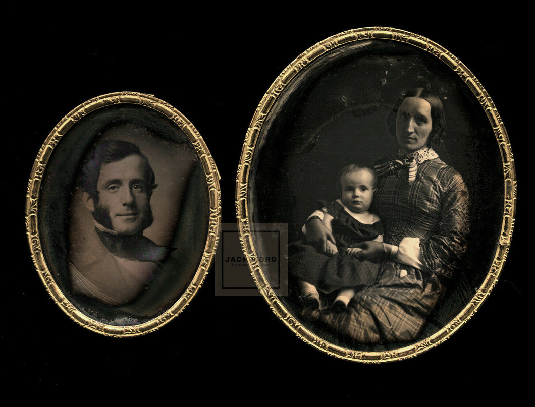 Daguerreotypes Handsome Smiling Man Sideburns + His Wife & Little Girl - Great!