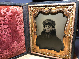 c 1860 ambrotype photo handsome man in fantastic winter gear fur coat and hat