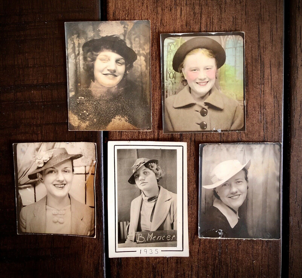 Hat Club! Women & Girls Vintage Photo Booth Lot, Tinted, 1930s 1940s, Photobooth