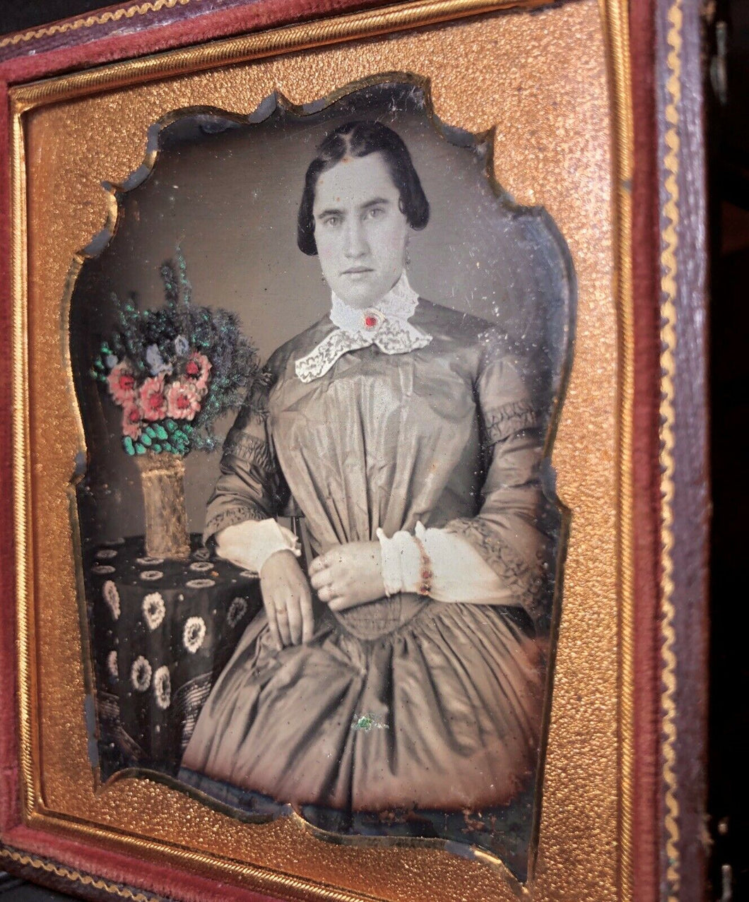 1/6 Daguerreotype Pretty Woman Tinted Cheeks, Boldly Painted Flowers & Vase